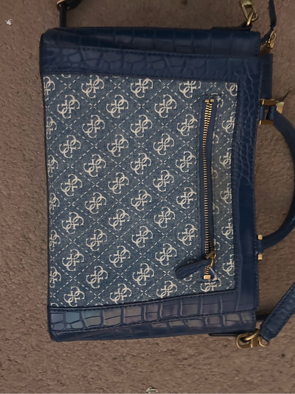 Guess Blue Monogram Shoulder Bag with Gold Hardware